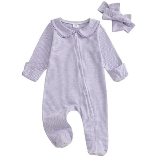 allshope Newborn Baby Girl Fall Outfit Romper Footies Stripe Print Doll Collar Zip Up Footed Jumpsuit Onesie Infant Clothes
