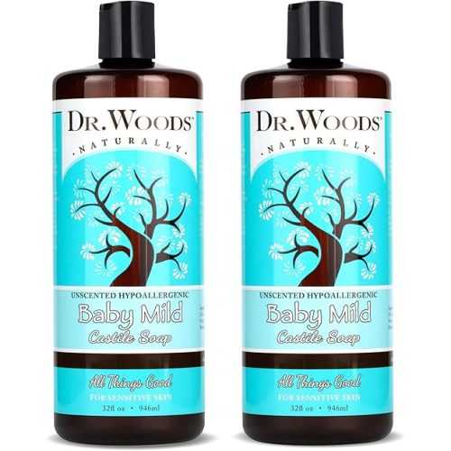 Dr. Woods Unscented Baby Mild Liquid Castile Soap - Natural Soap for Sensitive Skin, Gentle Cleanser with Hemp Oil and Vitamin E - Paraben, Sulfate, and Phthalate Free - 32 Fl Oz (Pack of 2)
