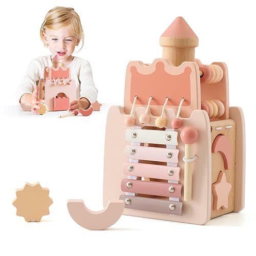 Youuys Wooden Activity Cube 9-in-1 Montessori Toys for 3+ Year Old Boys & Girls, Multipurpose Educational Sensory Learning Toys for Baby Toddlers with Mirror, First Birthday Gift (Castle)