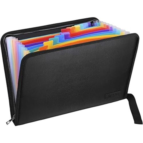 ENGPOW Fireproof Expanding File Folder with 13 Multicolored Pockets A4 Size Document Organizer with Color Labels Zipper Closure Non-Itchy Silicone Coated Portable Filing Pouch(14.3" x 9.8")