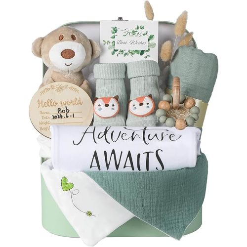 Baby Gift Set Baby Shower Gifts Basket for Newborns New Born Baby Sage Green Gift Basket with Baby Rattle Swaddle Security Blanket for Gender Neutral Baby Girls Boys