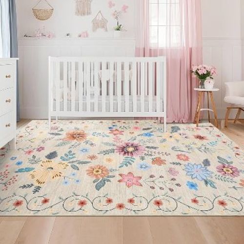 Area Rug, Washable Rugs for Living Room, Boho Floral Area Rug Low Pile Kitchen Rug, Non Slip Soft Indoor Flower Carpet for Nursery Bedroom