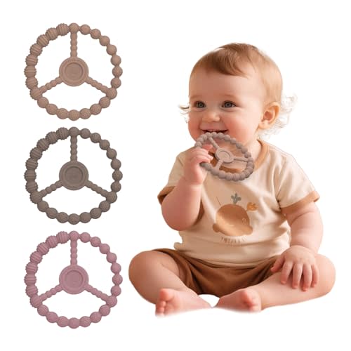 3 Pack Baby Ring Teether Toys, Silicone Teething Rings for Babies 0-12 Months, Freezable Circle Teethers 3-6 months, Infant Toddler Toy, Baby Boy Girl Teething Relief Essentials (Clay DustyRose Brown)