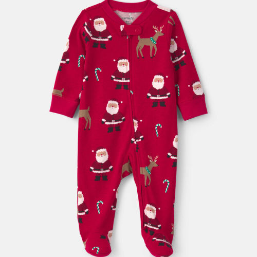 Baby Beige Santa Christmas 100% Cotton 2-Way Zip Sleeper - Red | Carter’s Oshkosh Canada