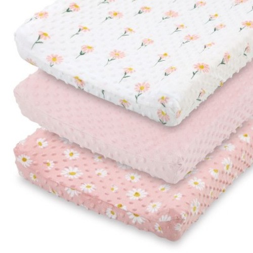 The Peanutshell Changing Pad Cover for Baby Girls, Daisy Plush Minky, Pink