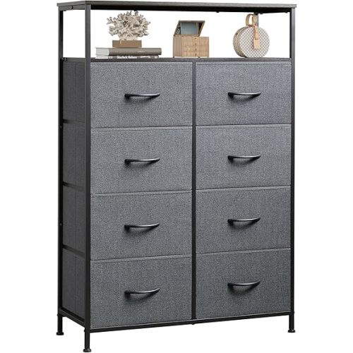 WLIVE Fabric Dresser for Bedroom with Open Shelves, Tall Dresser with 8 Drawers, Storage Tower with Fabric Bins, Chest of Drawers for Closet, Living Room, Hallway, Charcoal Gray