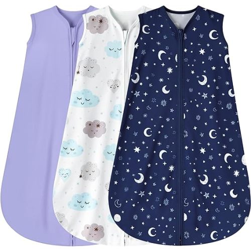 3 Pack Baby Sleep Sack 0-6 Months 100% Rayon Cotton Baby Sleeping Bag 2-Way Zipper Toddler Wearable Blankets Comfy Stretchy Lightweight TOG 0.3 （Purple&Clouds&Starry Sky）
