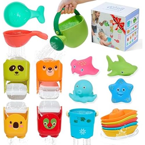 Mold Free Bath Toys, 17PCS | Safe Easy Clean & Fun Floating Boats & Rotating Waterfall Cups & Watering Can and No Hole Bath Toy for Babies 12+ Months | Bathtub Sand Beach Pool Water Toddler Toys