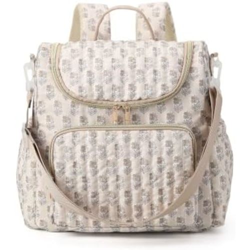 Quilted Diaper Bag Backpack Large Floral Puffy Backpack Multi-compartment Baby Storage Backpack for Travel Hospital