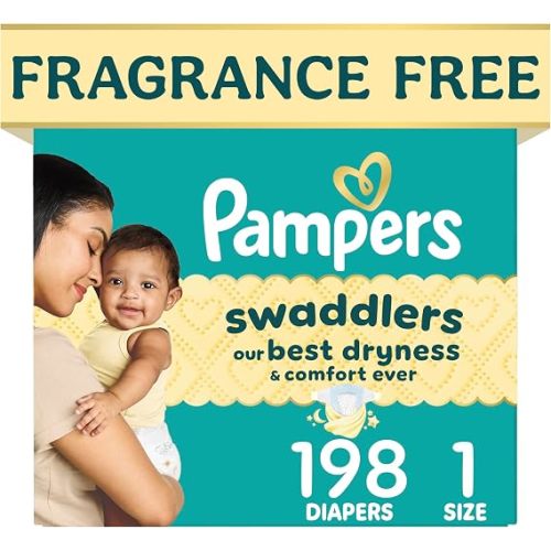 Pampers Swaddlers Diapers, Size 1 (8-14 lbs), 198 Count, Fragrance Free, Hypoallergenic, Absorbent, Pediatrician Recommended, Skin Safe