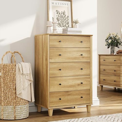 5 Drawer Dresser for Bedroom, Tall Modern Chest of Drawers, Beveled Profile Design, Wood Drawer Organizer for Bedroom, Living Room, Hallway and Entryway,Oak