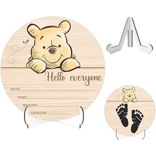 Winnie Baby Wooden Newborn Birth Sign, The Pooh Baby Announcement Sign, Babies Name Plaques Photography Prop, Winnie Hello World Newborn Signs, Pooh Double Sided Hello World for New Mom Babies