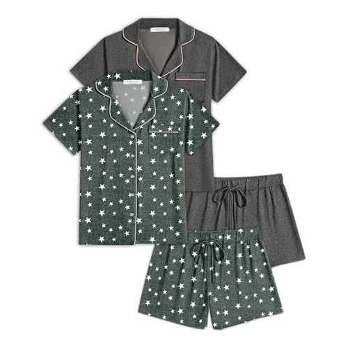 Ekouaer 2 Pack Womens Pajamas Set Button Down Summer Sleepwear Short Sleeve Comfy Pjs Loungewear Set