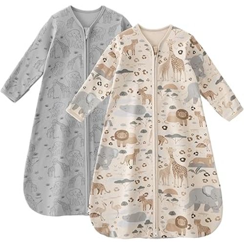 Baby Sleep Sack 0-6 Months 100% Cotton Long Sleeve Wearable Blanket Baby Sleep Bag with 2-Way Zipper 2 Pack 0.5 Tog Sleeping Sack for Newborn Infant Apricot Gray Elephant