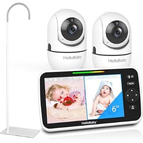 HelloBaby Baby Monitor 2 Cameras with a Floor Stand for Twins, 6'' IPS Split-Screen, 30H Battery No WiFi, 2-Way Audio Night Vision Pan-Tilt-Zoom, VOX 8 Lullabies 1000ft Range