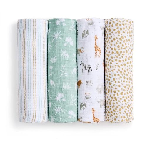 aden + anais Essentials Cotton Muslin Swaddle, Breathable Baby Blanket, Ideal for Boys, Girls, Newborns, Babies & Infants, Receiving Blanket, Soft and Lightweight Wrap, 4 Pack, Giraffe Safari