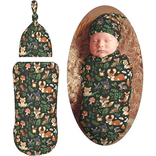 Muishi Woodland Animals and Mushroom Newborn Swaddle Blankets Hat Sets Soft Baby Receiving Blanket Swaddle Sack for Baby Shower Infant Boy Girl Gift