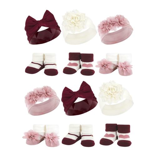 Hudson Baby Infant Girl 12Pc Headband and Socks Giftset, Burgundy Blush, One Size - Burgundy Blush