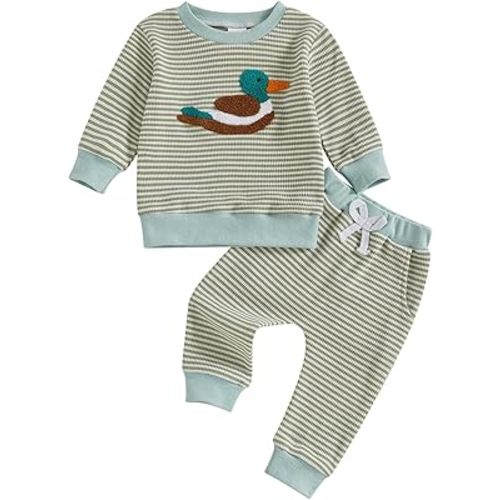 fhutpw Baby Toddler Boy Girl Fall Winter Clothes Embroidery Stripe Pullover Pants Sets Infant Long Sleeve Sweatshirt Outfits