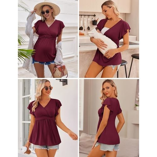 Ekouaer Maternity Shirts 3 Packs Flying Short Sleeve Nursing Tops Pregnancy Clothes