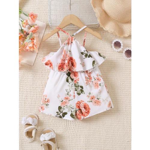 Baby Girl Summer Holiday Casual Floral Ruffle Trim Halter Neck Romper, Lightweight | SHEIN USA