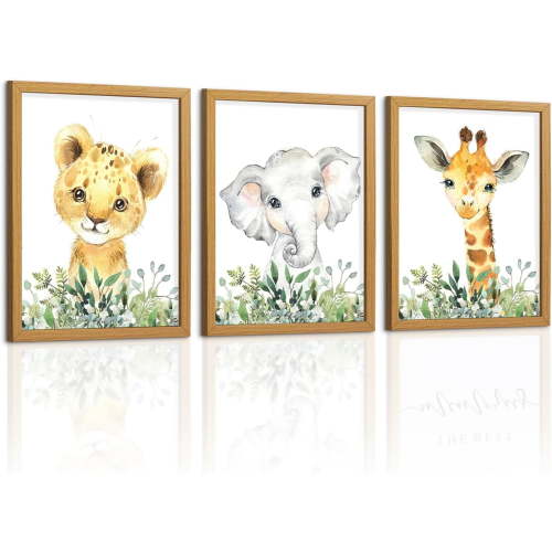 Baby Safari Nursery Wall Decor - Set of 3 Pictures Cute Animal Wall Prints on Canvas Jungle Nursery Safari Decor gifts for Baby Boys and Girls