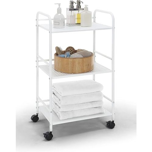 SunnyPoint 3-Tier Rolling Utility Cart – Metal Storage Organizer with Wheels, Mobile Kitchen Cart, Office & Home Organizer, White, 12" D x 16.92" W x 31.1" H