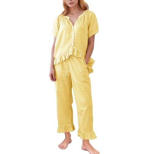 Flygo Womens Plaid 2 Piece Pajamas Sets Gingham Button Down Puff Sleeve Babydoll Shirt Ruffle Pants Y2K Pjs Lounge Set