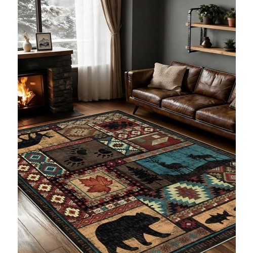 YIHOUSE Rustic Cabin Area Rug 5x7,Machine Washable Lodge Bear Rug,Non-Slip Low Pile Print Pattern Southwestern Rug for Living Room Bedroom
