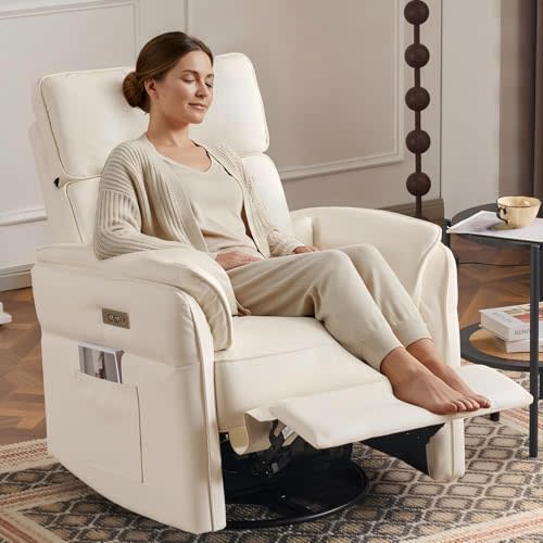 Power Recliner Rocking Chair Nursery Gliders with Adjustable Armrests and Headrest, Swivel Electric Glider Reclining Nursing Chair with USB Port and Storage Bags, FSC Certified(Leather, Beige)