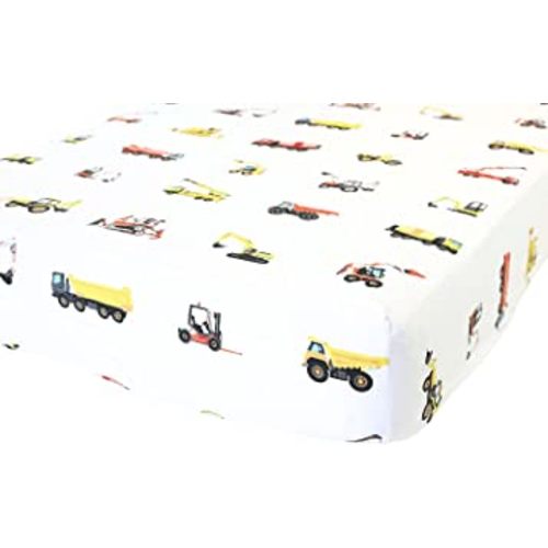 100% Cotton Fitted Crib Sheet - Premium Baby Bedding - Soft, Breathable & Durable - Construction Trucks Print