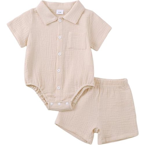 Jecson Newborn Boy Clothes Baby Boy Outfits Summer Cotton 2 Piece Set with Button Down Bodysuit and Shorts 0-18M