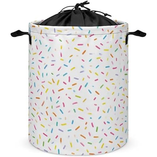 Colorful Sprinkles on A White Laundry Basket Laundry Hamper Round Collapsible Drawstring Clothes Hamper for Bedroom Bathroom