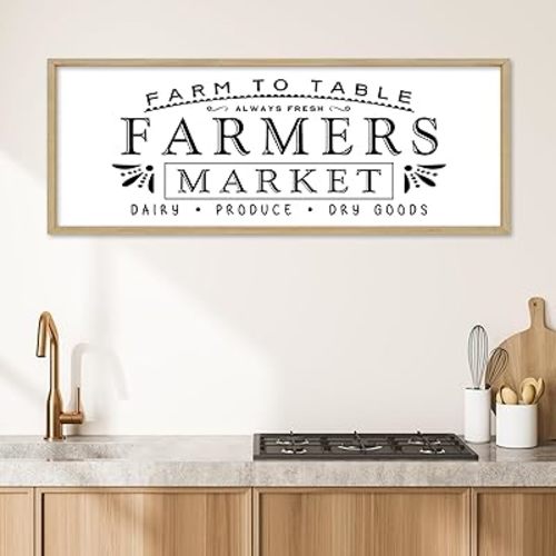 YWMZYKJGS Kitchen Sign Farm to Table Always Freshs Farmers Market Dairy Produce Dry Goods Wall Decor Art 32"X12" Large Rustic Farmhouse Vintage Dining Room Horizontal Wall Hanging (Wood)