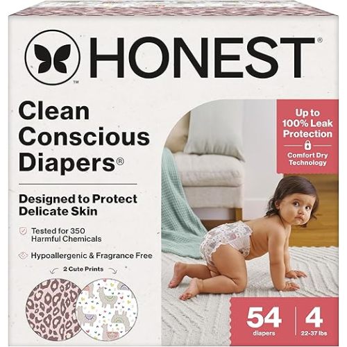The Honest Company Comfort Dry Disposable Diapers for Sensitive Skin, Hypoallergenic, Fragrance-Free, Wild Thang + All the Alpacas, Club Box, Size 4 (22-37 lbs), 54 Count
