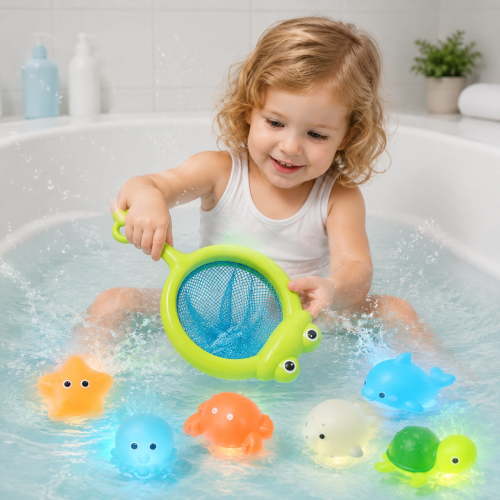 Water Activated Light Up Ocean Animal Bath Toys Set for Babies 6-18M, Flash Light & Color Changing LED Floating Toys for Kids, Interactive Bathtub Toys for Beach, Shower & Swimming Pool