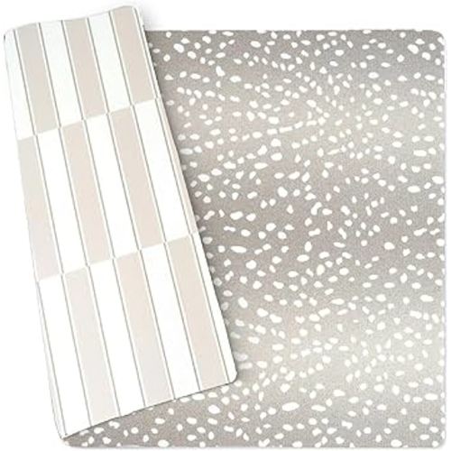 Wander & Roam Premium Reversible Baby Play Mat - Soft Foam Tummy Time Mat for Infant, Toddler & Parent - Modern Neutral Antelope + Stripe Design - Water Resistant, Easy to Clean, Non-Toxic - Greige