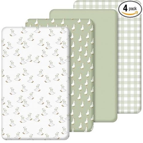SmoothNovelty 4 Pack Silly Goose Crib Fitted Sheet for Boys Girls - 52" x 28" Fitted Baby Sheet with Goose and Gingham Style for Standard Mattress Gift Set, Microfiber & Soft Breathable(Green)