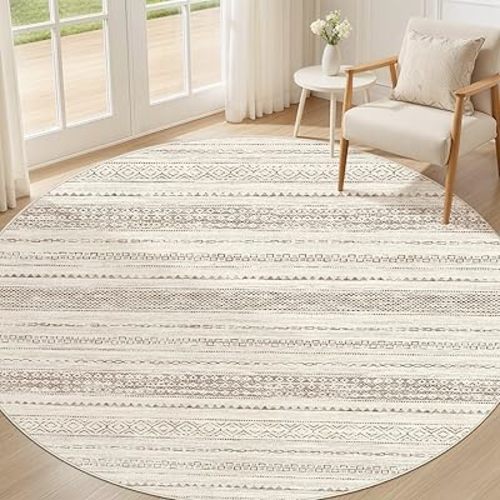 Nakagishi Round Rug Boho Area Rugs: 4x4 Washable Large Circle Neutral Soft Stain Resistant Non-Slip Carpet for Women Aged 25-45 Farmhouse Decor Enthusiasts - Living Room Bedroom Dining Room Nursery