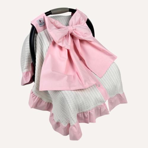 Personalized Baby Car Seat Canopy: Cream Cotton Pique, Pink Bow & Ruffles