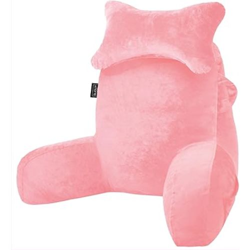 SLIGUY Reading Pillow for Sitting in Bed Couch Adult, Back Pillow with arm Support and Pockets, Adult Back Pillow Bed Chair for Rest, Reading, Watching TV, Gaming for Boys and Girls Pink