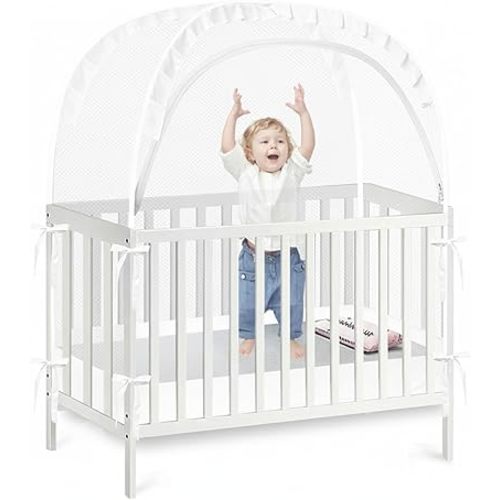 PandaEar Pop Up Crib Tent to Keep Baby from Climbing Out, Breathable Crib Net Mesh Canopy, Babies Crib Cover with Zipper, Easy Installation (White)
