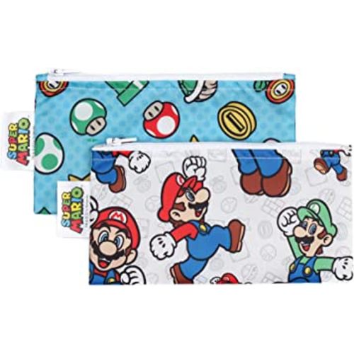 Bumkins Nintendo Reusable Snack Bags, for Kids School Lunch and for Adults Portion, Washable Fabric, Waterproof Cloth Zip Bag, Supplies Travel Pouch, Food-Safe, 2-pk Super Mario