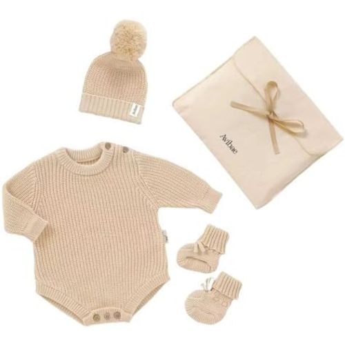 Avibae Cotton Newborns Set with Knit Sweater, Beanie, Booties for Baby Boys and Girls, Warm Cute Infant 3 Piece Set