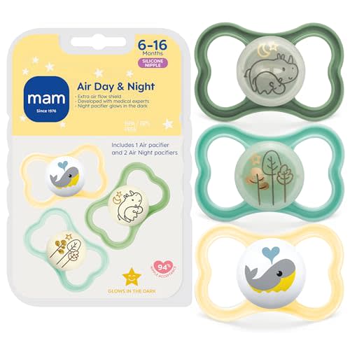 MAM Air Pacifier for Babies 6-16 Months, Extra Air Flow for Sensitive Skin, Glows in The Dark, Developed with Medical Experts, BPA-Free Skin Soft Silicone, 3 Count, Made in Europe