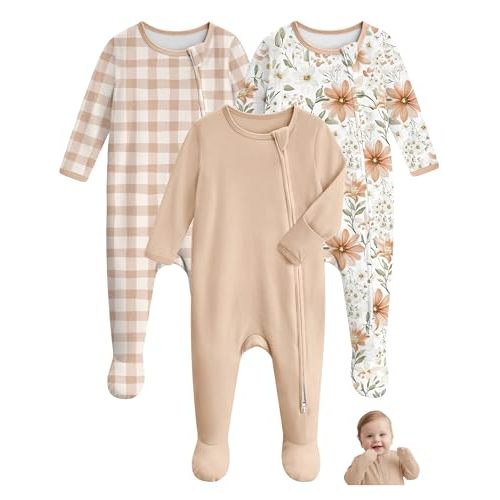 Unnivoll Baby Sleepers 100% Organic Cotton Baby Pajamas Boys Girls Clothes | Footie Pajamas for Newborn 0-3 3-6 6-9 Months, 3Pcs Soft Infant Footed PJs with Mitten Cuffs, Two Way Zipper, Long Sleeve