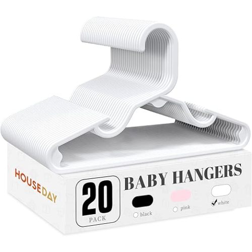 HOUSE DAY Plastic Baby Hangers for Closet 20 Pack, Durable Plastic Kids Hangers for Baby Clothes, Thin & Compact Childrens Hangers, Space Saving White Baby Hanger, Small Hanger for Kids Clothes
