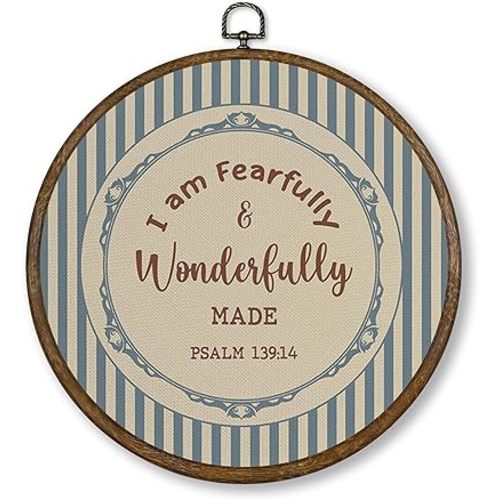 Qskjre Blue Striped Christian Wall Art Decor, Bible Verse I am Fearfully and Wonderfully Made Round Wood Framed Canvas Wall Artwork, Religious Hanging Prints for Nursery Kids Prayer Room Decorations