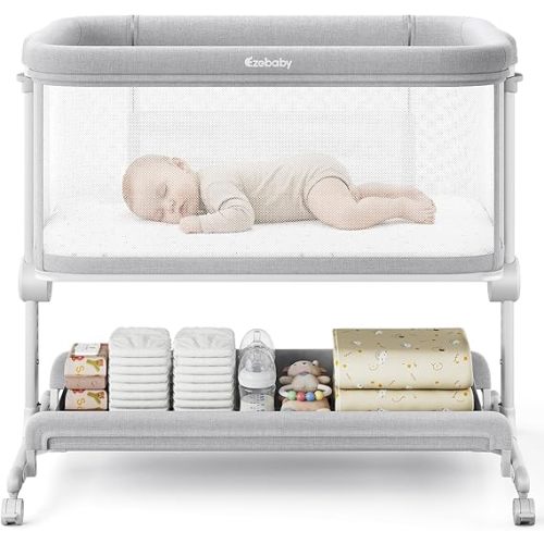 Ezebaby Baby Bassinets Bedside Sleeper, Portable Bedside Bassinet for Baby Newborn Infants with Adjustable 7 Heights and All Mesh Sides, Newborn Crib with Mattress and Soft, Breathable Sheet | Baby bassinets
