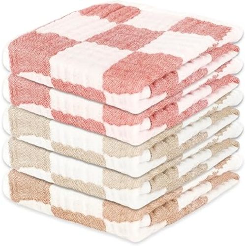 Muslin Burp Cloths 20"x10" Baby Burp Cloths 5-Pack(5, Pink & Beige)